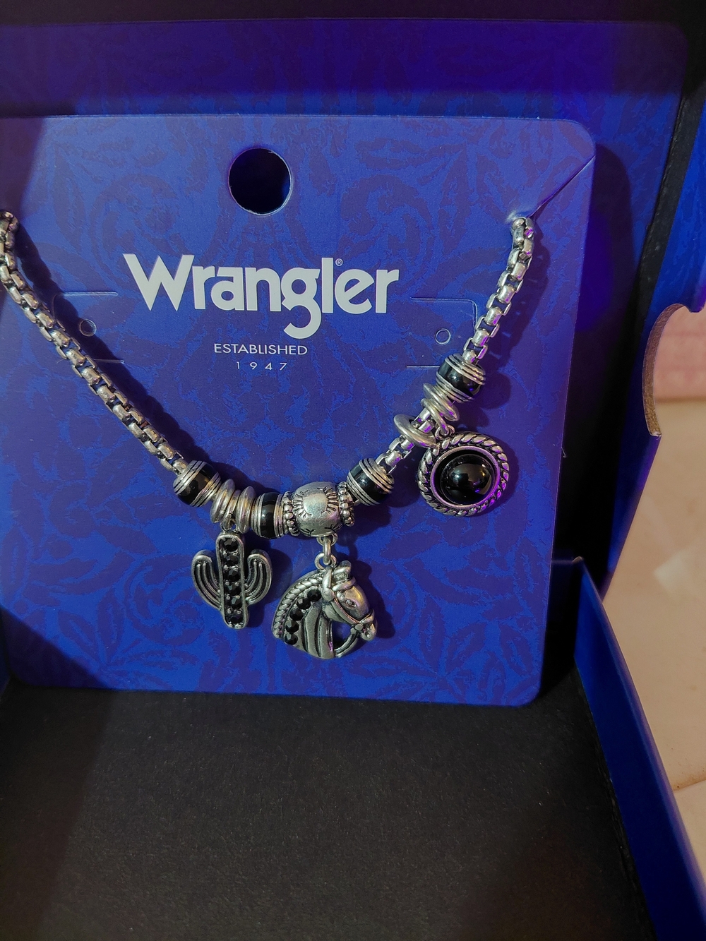 Wrangler Silver Western Charm Bracelet with Horse, Cactus & Black Accent